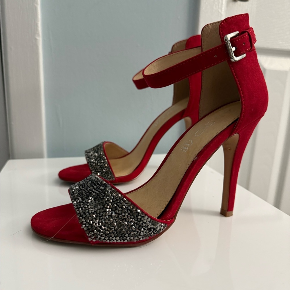 Aldo Red Stiletto Heels with Glitter Strap Size 7